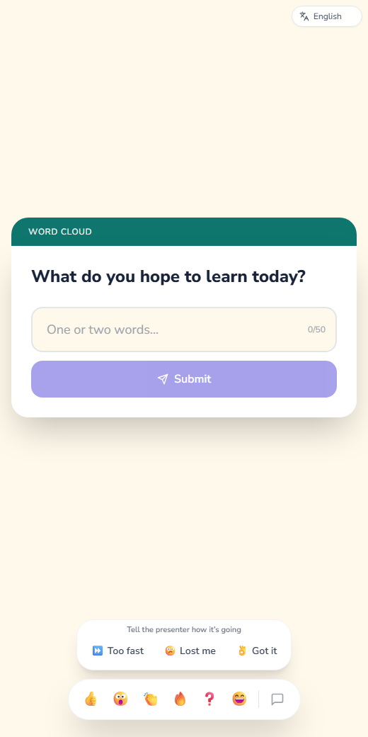 What a participant sees on their phone: the question, the answer box, the pace check and reactions. No account or app.