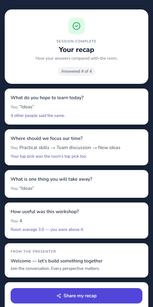 The personal recap every participant receives when the session ends: their answers against the room’s.